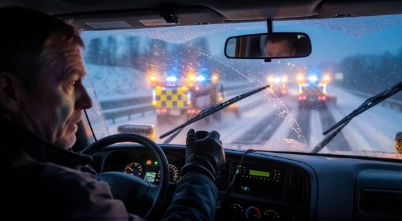 Driver approaching a snow plow train at night