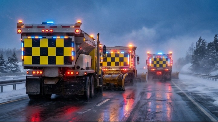 Snow plows working in formation